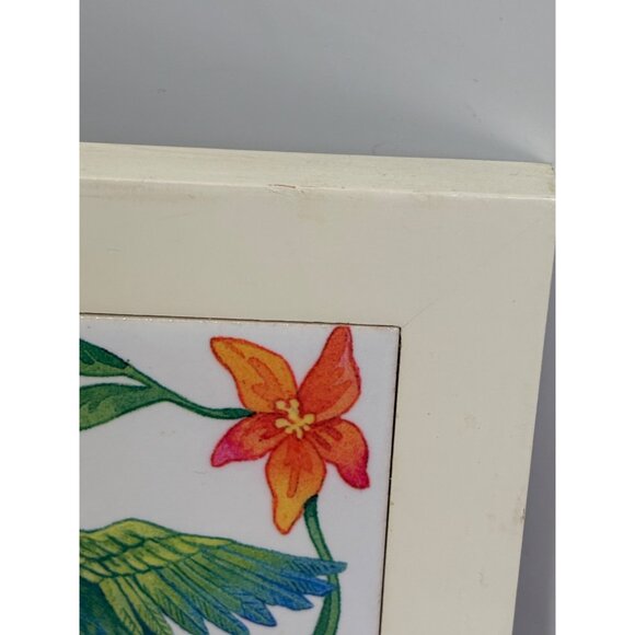 Hand-Painted Ceramic Tile Wall Hanging With Hummingbird & Floral Design In Woode - Picture 5 of 9